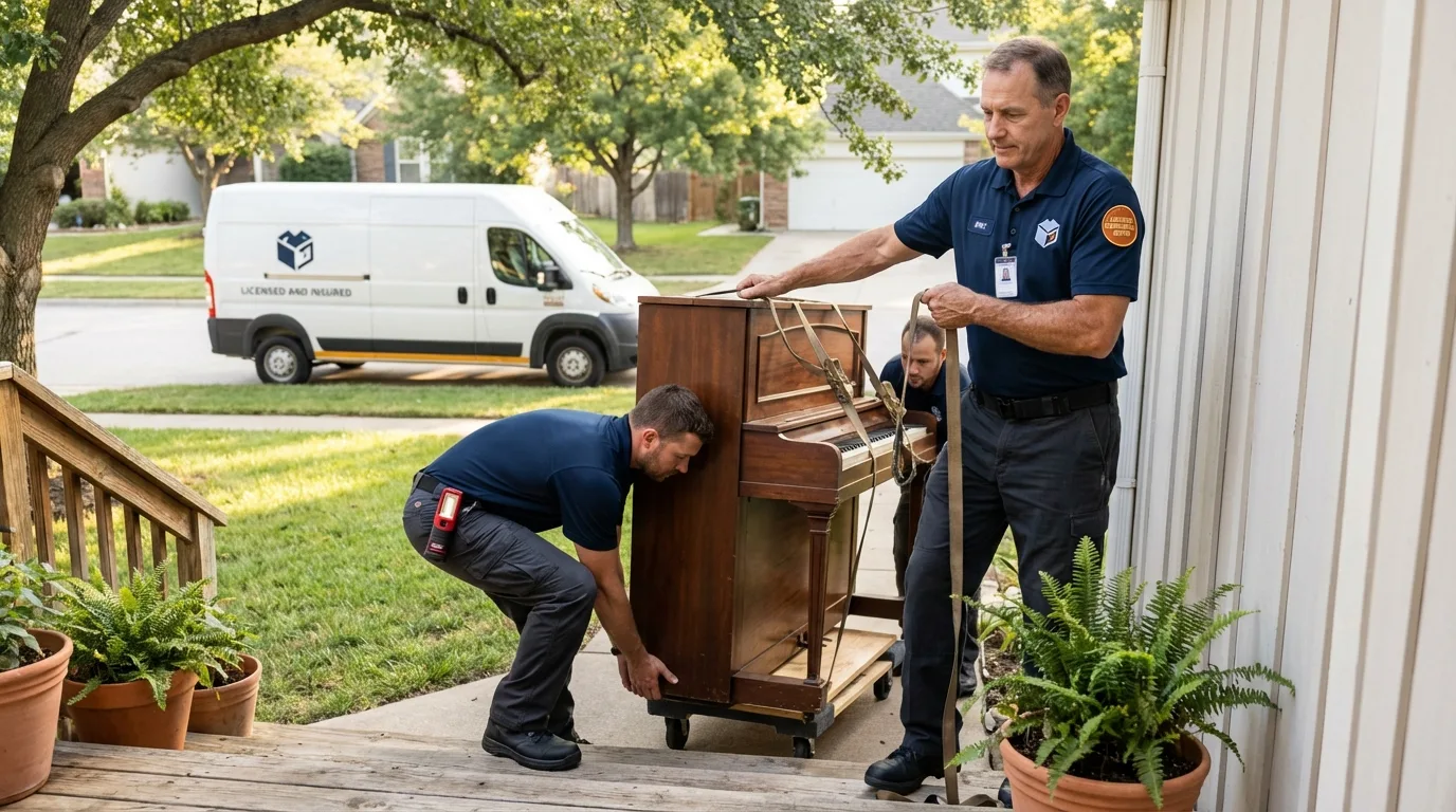 Licensed piano movers securing grand piano in Park River, ND