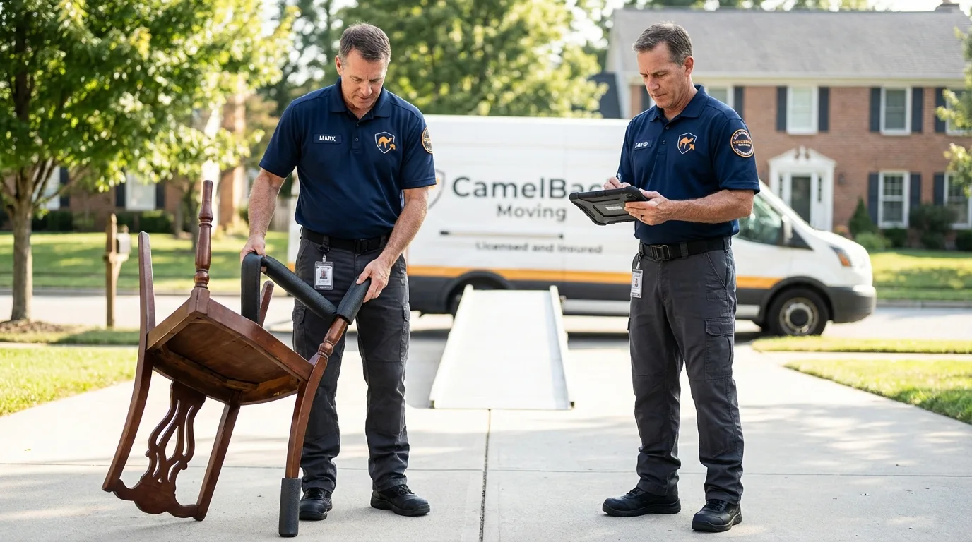 Movers inspecting furniture for damage prevention before loading in Park River, ND