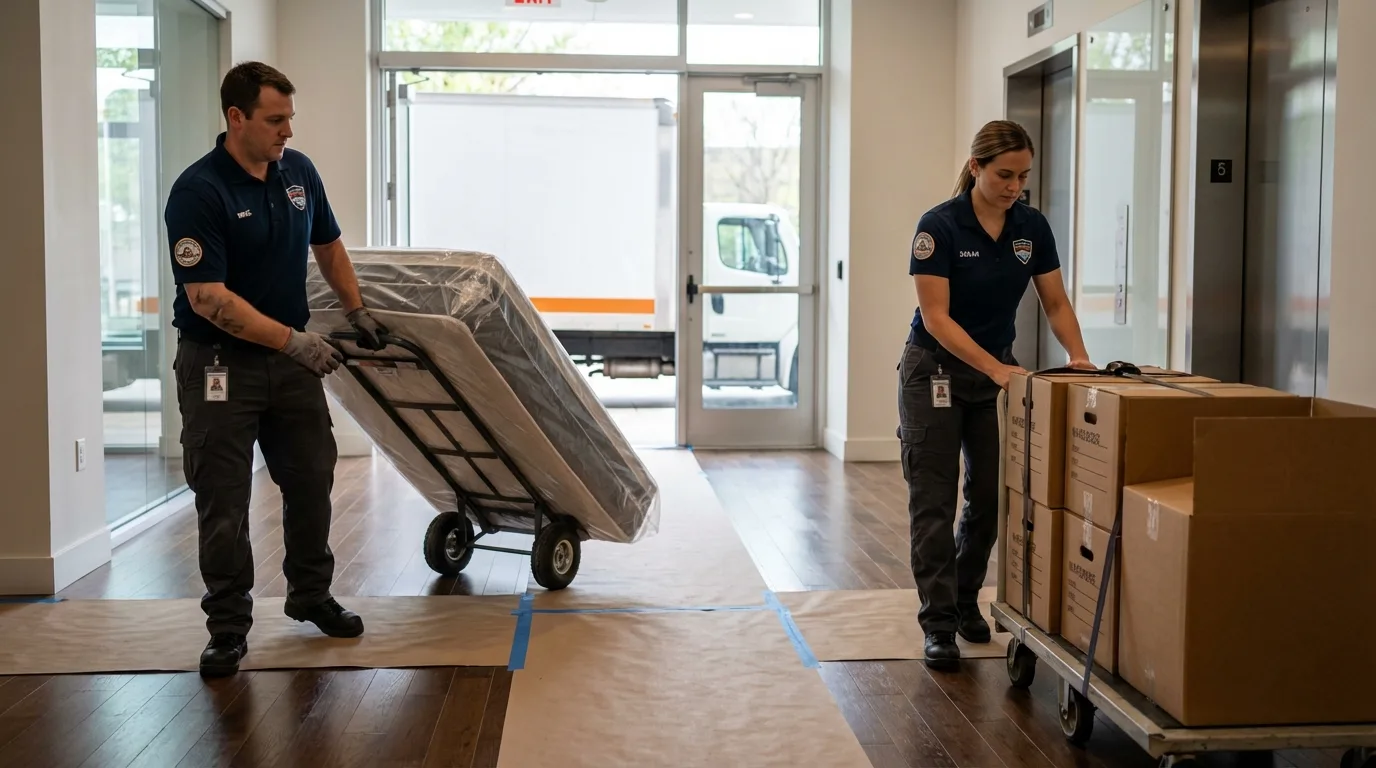 Professional apartment movers loading elevator in Park River, ND